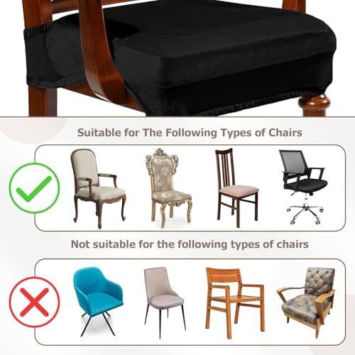 Havawish Extra Wide Dining Chair Seat Covers, Black, Velvet, 6 Pcs