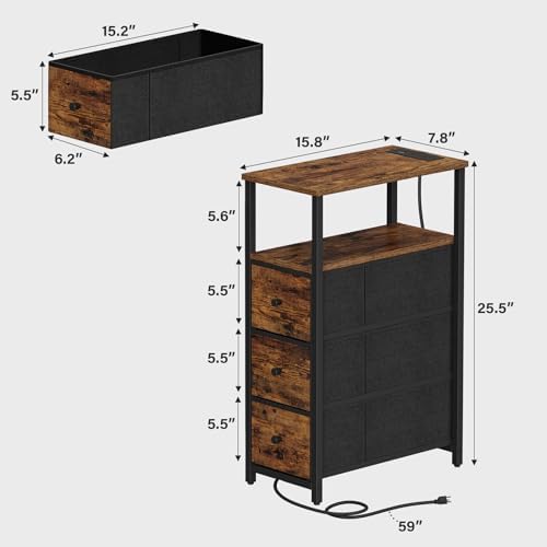 TUTOTAK Narrow LED Night Stand with Charging Station, Slim End Table