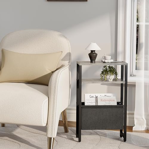 Narrow Side Table, Slim End Table with Magazine Rack, Skinny Bedside Table for Small Spaces, 3 Tier Sofa Couch Table Nightstand for Living Room, Bedroom,Oak Grey LET503Q