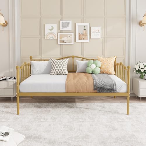 Twin Daybed with Trundle, Metal Sofa Bed Frame with Steel Slat Support, Twin Size Space-Saving Multifunctional Furniture for Living Room, Bedroom, Love Heart Design, No Box Spring Needed, Gold
