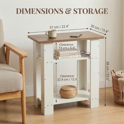 White Side Table with Oak Top, 3 Tier Farmhouse End Table, 22.8" H