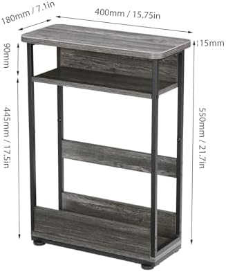 Narrow Side Table,3-Tier Slim End Table with Storage Shelf,Modern Sofa Table Thin Side Table for Narrow and Small Spaces, Skinny Bedside Table Small Nightstand with Magazine Rack Space Saving/Grey