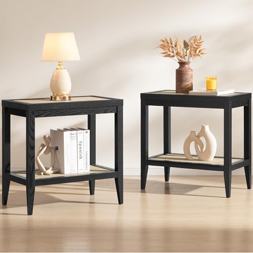 SICOTAS Rattan Bedside Table Set of 2, End Table with Storage