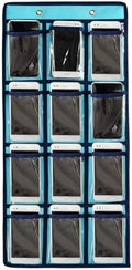 Classroom Pocket Chart For Cell Phones Calculators Over The Door Hanging Closet Underwear Sock Jewelry Organizer Holder 12 Clear Pockets (BLUE)