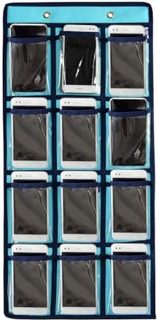 Classroom Pocket Chart For Cell Phones Calculators Over The Door Hanging Closet Underwear Sock Jewelry Organizer Holder 12 Clear Pockets (BLUE)