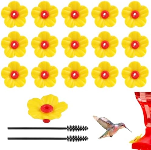 16 Pieces Hummingbird Feeders Replacement Flowers Yellow Pet Replacement Bird Feeder Replacement Parts with 2 PCS Brush Feeding Ports Bee Guards for Hummingbird Feeders for Outdoors Hanging Feeder