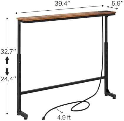 Kitstorack Narrow Console Table Behind Sofa Couch, Design with Adjustable Height (25"-33") & Power Outlets, Small Entryway Table - 5.9" D x39.4 L, Rustic Brown