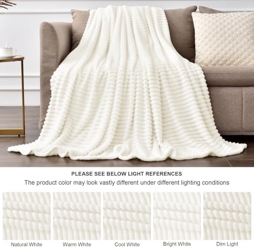BEDELITE 3D Ribbed Jacquard Cream Full Size Blankes for Bed, 84x90 Inch