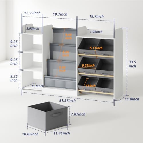 Kids Bookshelf and Toy Storage with 7 Removable Bins, 52 inch, White