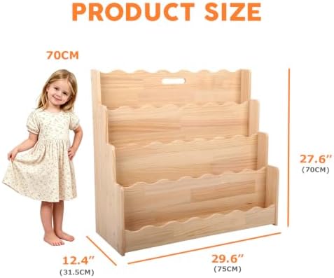 LINMAGCO Scalloped Kids Bookshelf, 4-Tier Montessori Toddler Bookcase, Front-Facing Book Organizer with Handle, Solid Pine Wood, Nursery Book Shelves for Bedroom Playroom Classroom & Reading Corner