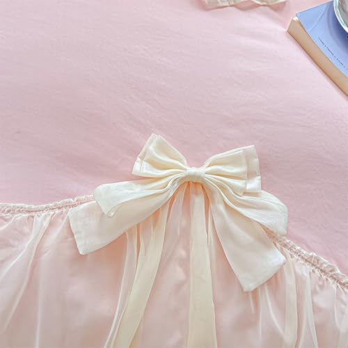 SOUKECHY Chic Lace Bedding,Girls Twin Aesthetic Comforter Cover Set,Romantic French Princess Style Ruffled Duvet Cover with Lovely Bow with Zipper Closure-Pink,Twin Size