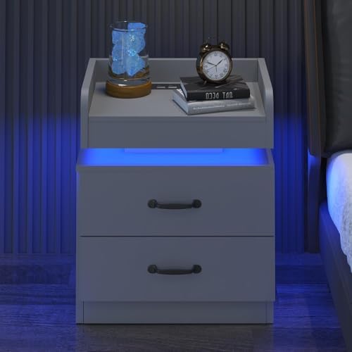 4ever2buy Grey Nightstand Set of 2 with Charging Station and LED Lights