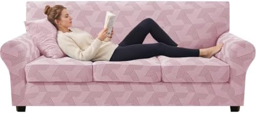 ZNSAYOTX 4 Piece Stretch Couch Covers (72"-90") New-Rectangle Texture, Thick Sofa Covers for 3 Cushion Couch Universal Sofa Slip Cover with Elastic Bottom & Buckle, Washable Protector Dusty Pink