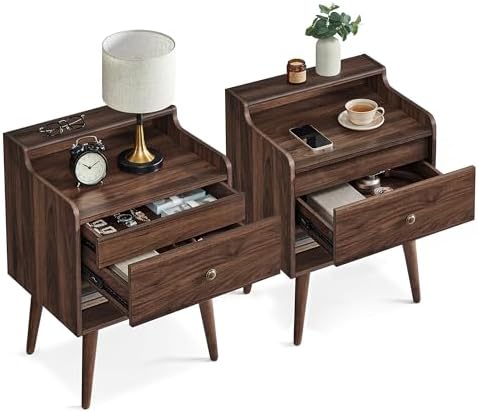 VASAGLE Nightstands, Set of 2, with Hidden Drawers, Solid Wood Legs