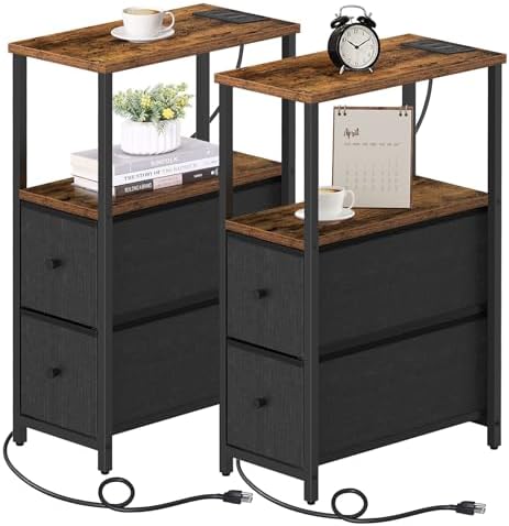 TUTOTAK Narrow End Table with Charging Station, Skinny Side Table