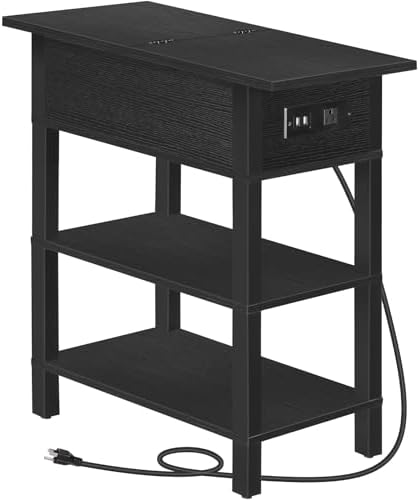 HOOBRO End Table with Charging Station, Flip Top Side Table with USB Ports, Narrow Nightstand Bedside Tables with Storage Shelves, for Small Space, Living Room, Black BK141UBZ01