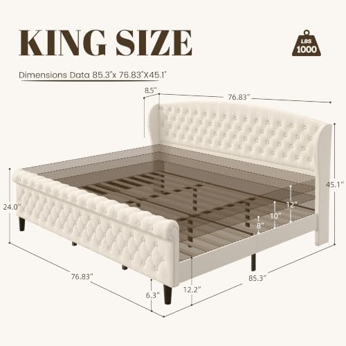 HISOFT King Platform Bed Frame, Velvet Upholstered Sleigh Bed with Wingback Tufted Headboard and Footboard, Noise-Free Design, Easy Assembly, No Box Spring Needed, Light Beige