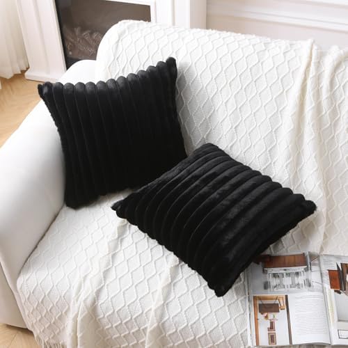 Decorative Throw Pillow with Inserts, Set of 2 Soft Faux Fur Throw Pillows, Square Boho Striped Pillow for Couch, Bed, Sofa Decor (Black, 20" x 20"(Pack of 2))