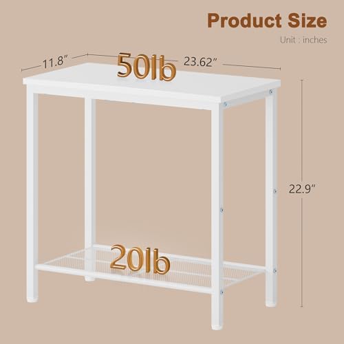 Hoctieon 2 Tier End Table, Sofa Side Table, Narrow Side Table with Storage, Slim Nightstand for Small Spaces, Metal Frame, for Living Room, Bedroom, Sofa Couch, Hall, White