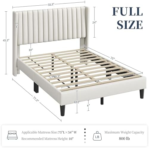 Yaheetech Full Bed Frame with Headboard, Ivory Channel-Tufted Platform