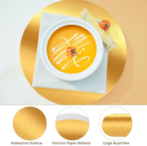 KesaPlan 100PCS 13in Round Gold Placemats, Disposable Paper Chargers Plate