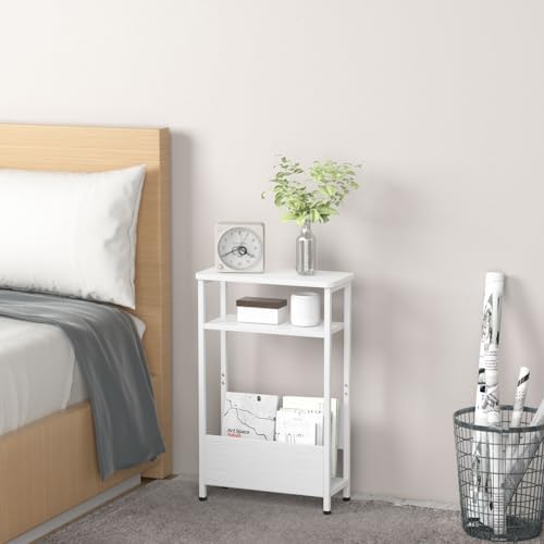 THUMEYE 7.1" Narrow Side Table for Small Spaces, 3 Tier Small End Table with Magazine Holder, Slim/Skinny Nightstand/Bedside Table for Living Room, Bedroom, 15.4" L x 24.2" H, White