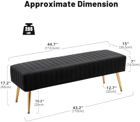 Furniliving 44 Inch Bedroom Bench, Upholstered Tufted Striped Fabric Ottoman Benches with X-Shaped Metal Legs for Living Room, Entryway Solid Wood Indoor Bench for Foyer (Black)