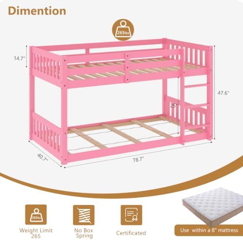 JOYMOR Low Twin Over Twin Bunk Bed for Kids/Junior, Wood Twin Bunk Bed Frame with Guardrails & Ladder for Boys Girls, Mattress Not Included
