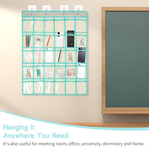 30 Clear Pockets Classroom Pocket Chart Organizer, Pocket Chart for Phone Calculator Holder, Hanging Wall Door Calculator Phone Caddy with Hooks (Beige)
