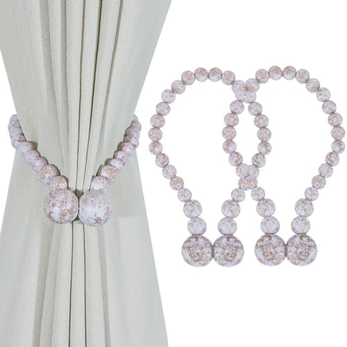 KLOGTSIND Magnetic Curtain Tiebacks, 2 Pack Wood Bead Curtain Holdbacks