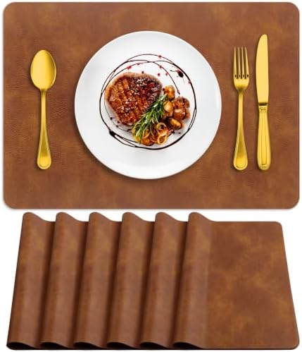 ADRIMER Fall Placemats Set of 6, Heat Resistant Faux Leather Turmeric Brown