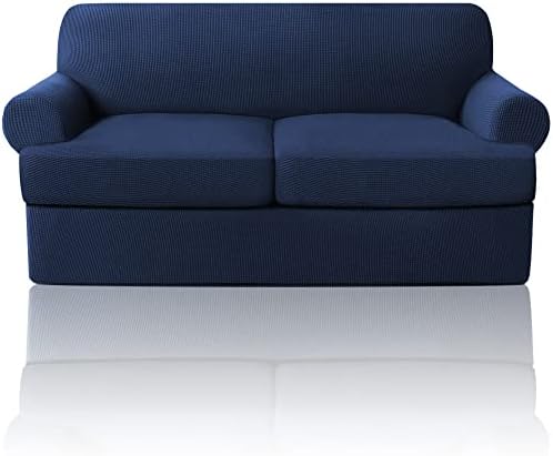 PrinceDeco T Cushion Loveseat Slipcover 3 Pieces Sofa Covers for T Cushion Sofa Stretch Slip Covers for 2 Cushion Couch with 2 Individual T Shape Seat Covers Width Up to 76"- Washable, Navy