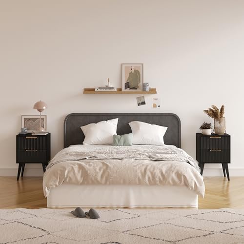 YAUKOMEL Fluted Nightstand with 2 Drawers,Black Bedside Table