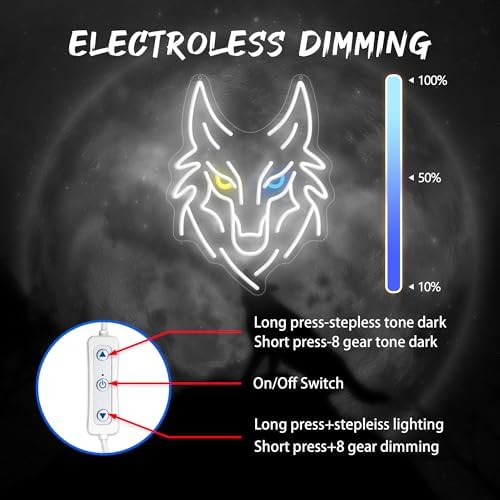 Wolf Neon Sign, Dimmable LED Wolf Wall Decor with Memory Dimmer