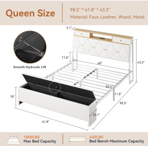 FreeHouse Queen Bed Frame with Storage Headboard and Drawers, PU Leather