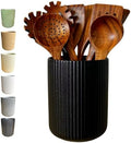 Large Stoneware Kitchen Utensil Holder for Kitchen Counter & Countertop Cooking Utensil Holder Spatula Holder Utensil Crock for Kitchen Counter Vertical Ribbed Fluted Stripe (Matte Black)