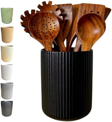 Large Stoneware Kitchen Utensil Holder for Kitchen Counter & Countertop Cooking Utensil Holder Spatula Holder Utensil Crock for Kitchen Counter Vertical Ribbed Fluted Stripe (Matte Black)