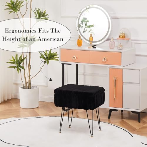 16.5" Faux Mink Fur Storage Ottoman Soft Footstool Vanity Chair Metal Legs