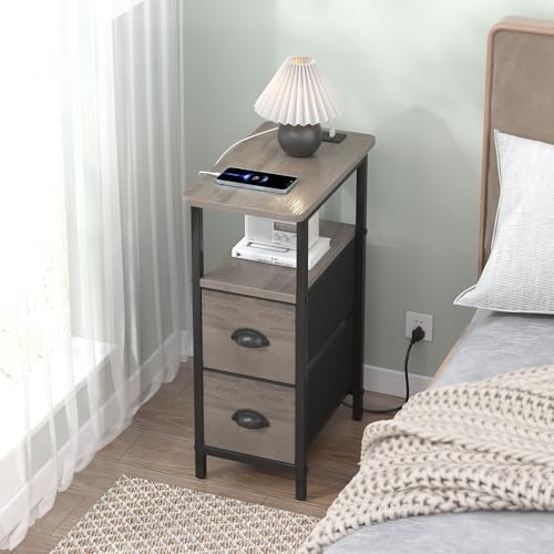 sthmec Narrow End Table with Charging Station, Narrow Side Table with 2 Fabric Drawers, Slim Nightstand, Skinny Bedside Table, Small Side Table for Small Spaces, Living Room, Bedroom, Grey