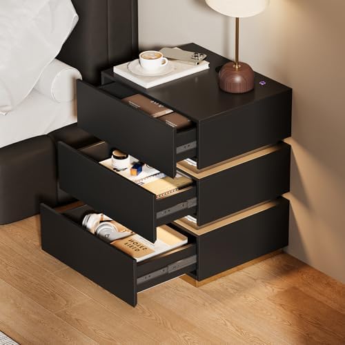 homary Smart Night Stand with Wireless Charging Station - Smart LED Nightstand with 3 Drawers, Black Bedside Table for Bedroom Living Room