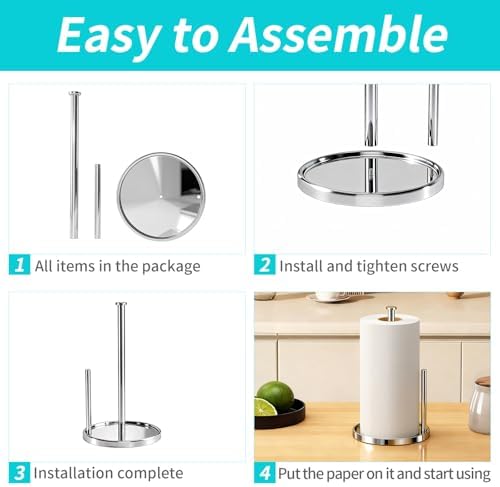 Paper Towel Holder Countertop, Standing Paper Roll Holder with Anti Slip Weighted Base, Stainless Steel Freestanding Paper Towel Holder for Kitchen, Chrome
