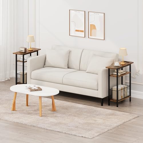 Vagusicc Narrow Side Table, 3-Tier Skinny End Table for Couch Sofa, Small Side Tables for Small Spaces, Bed Side Table with Storage, 25.2" Tall Slim Nightstand for Living Room, Bedroom, Rustic Brown