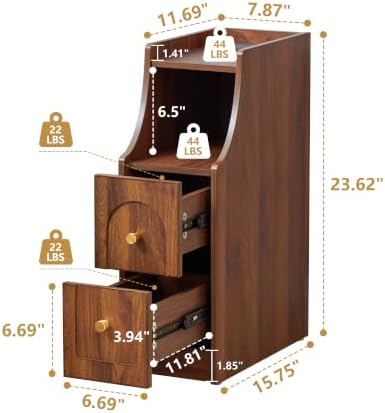 Ultra Narrow Nightstand with Charging Station, Slim Bedside Table with Hidden Power Outlet, 2 Drawers & Open Shelf, Mid-Century Modern End Table with Fenced Top for Small Spaces (Walnut, 1)