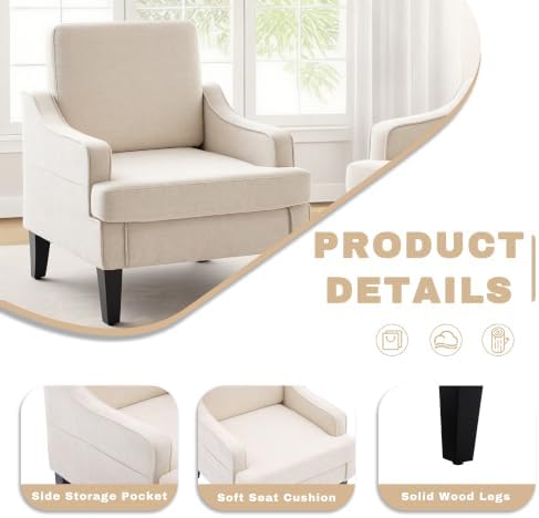 Mid-Century Accent Chairs Set of 2 for Living Room, Comfy Arm Chair Fabric Reading Chair for Bedroom, Upholstered Single Chair with Wood Legs for Apartment, Waiting Room, Vanity Room(Beige)