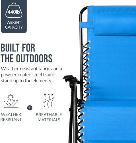 Best Choice Products Set of 2 Extra Wide Adjustable Steel Mesh Zero Gravity Lounge Chair Recliners w/Pillows and Cup Holder Trays - Light Blue