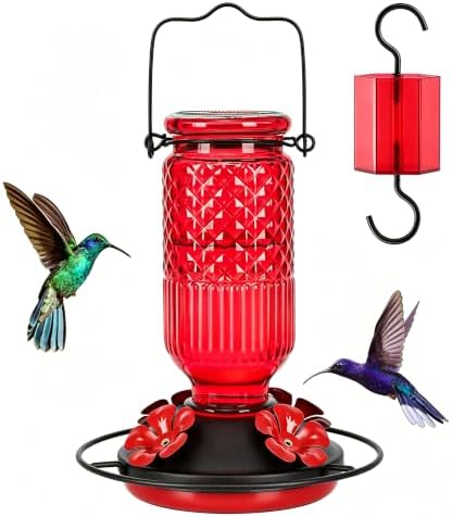 FEED GARDEN Glass Hummingbird Feeder for Outdoors Hanging, 16 OZ Humming Birds Feeders with 4 Bee Guard Feeding Ports & Built-in Ant Moat, Bird Feeder for Outside, Gifts for Women Mom, Red