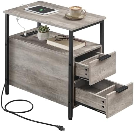 VASAGLE Side End Table with Charging Station, Slim Nightstand with Storage