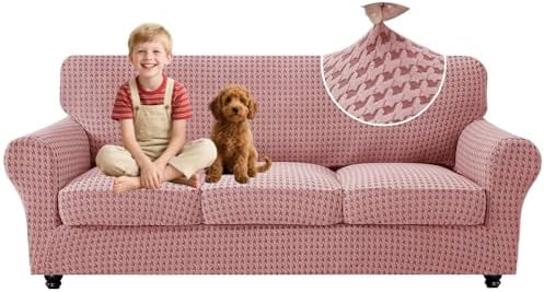 MAXIJIN 4 Pieces Stretch Couch Covers for 3 Cushion Sofa Pet Friendly Couch Cover for Dogs Washable Sofa Slipcovers Thick Soft Furniture Protector with Non Slip Strap (Pink 71"-91")