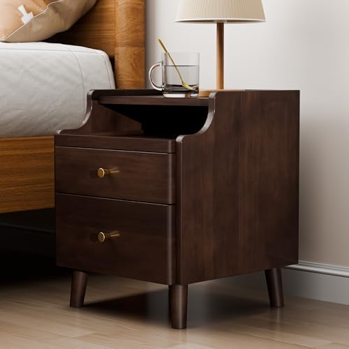 Nightstand Set of 2, Pre-Assembled, 19.7“H Solid Wood Night Stand with 2 Drawers, Open Sliding Shelf, Mid Century Modern Small Bedside Table for Bedroom, Black Walnut 16"