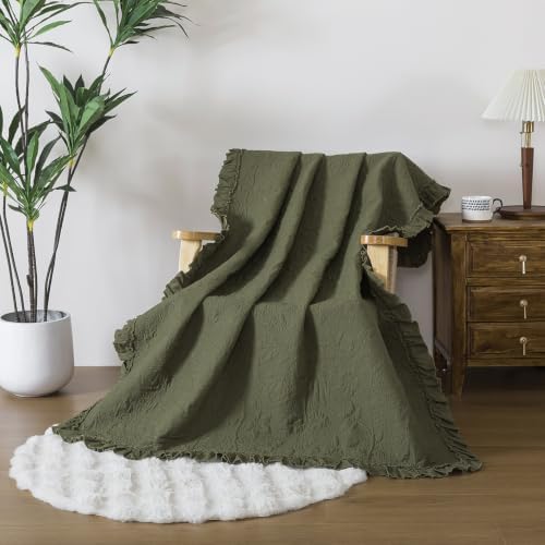 Brandream Olive Green Ruffled Quilted Throw Blanket Cotton 47 X 60 Blanket
